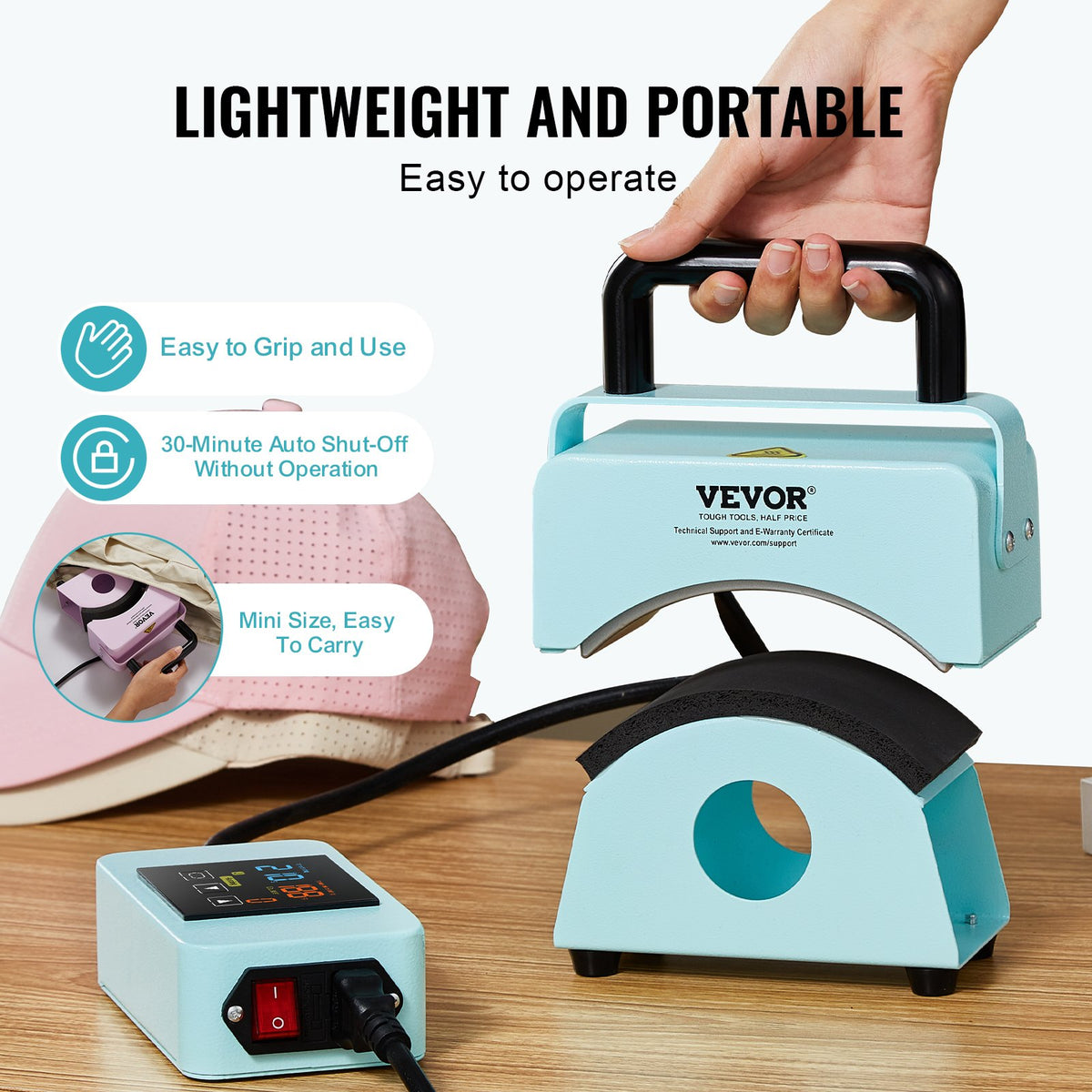 VEVOR Hat Press Machine, Mini Hat Heat Press for Caps with Integrated Control Panel, Cap Heat Press Machine with 5.9x3.15 inch Curved Heating Plate, Safety Base, and Glove, Automatic Shut-Off, Green - BXSKMJMINIKMFO40OV1 - view 6