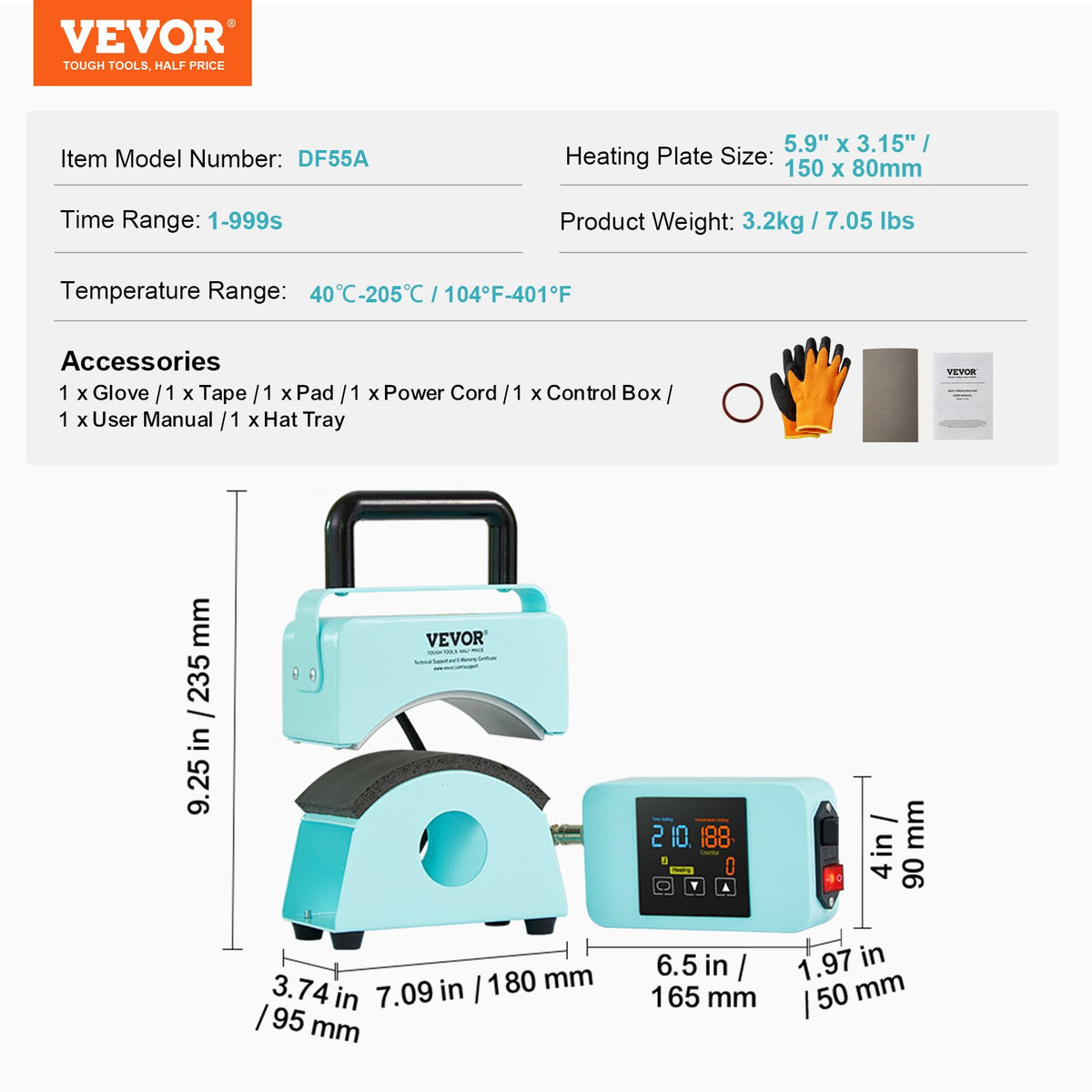 VEVOR Hat Press Machine, Mini Hat Heat Press for Caps with Integrated Control Panel, Cap Heat Press Machine with 5.9x3.15 inch Curved Heating Plate, Safety Base, and Glove, Automatic Shut-Off, Green - BXSKMJMINIKMFO40OV1 - view 8