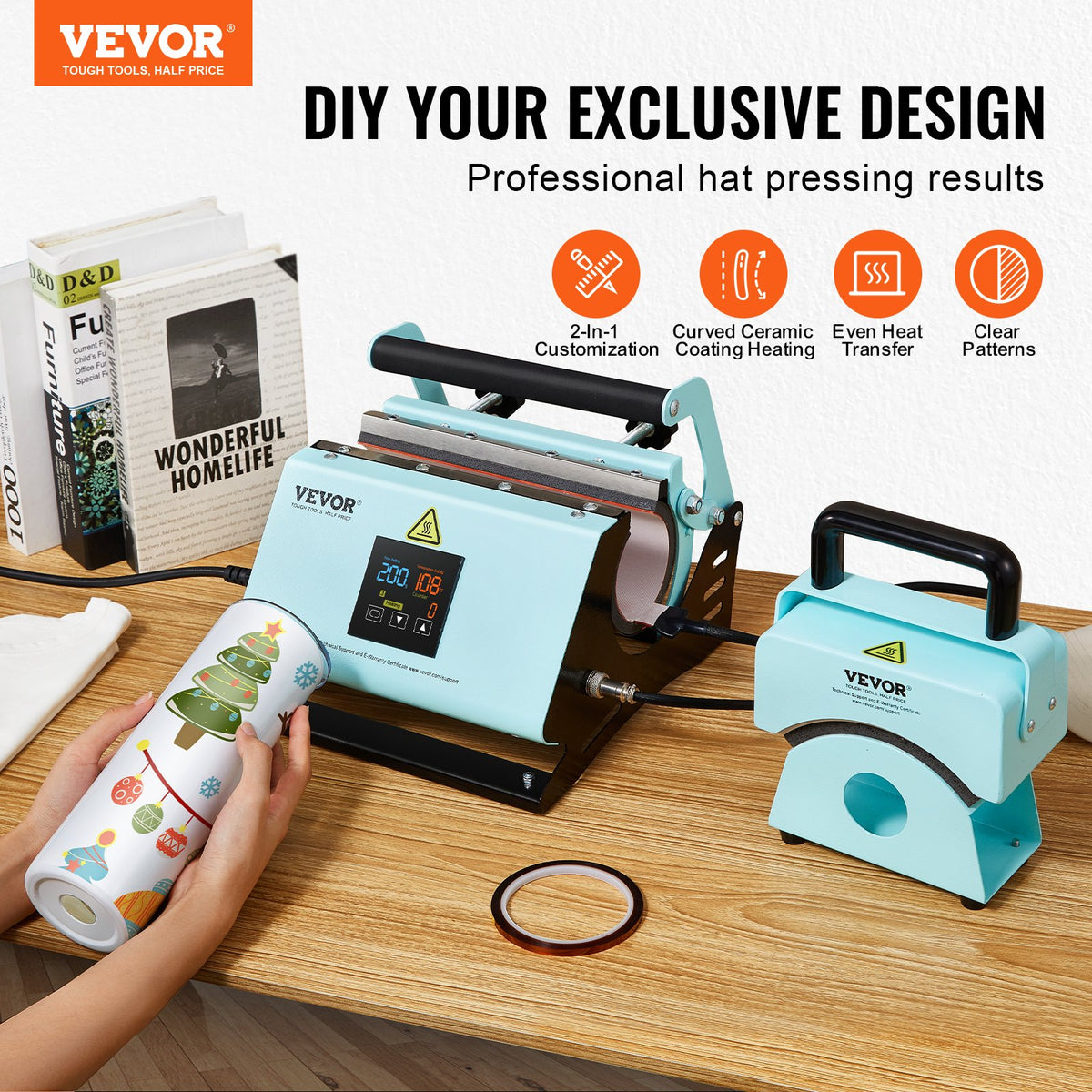 VEVOR 2 in 1 Tumbler and Hat Heat Press Machine, Mini Hat Heat Press for Caps and Hats, Tumbler Heat Press for 11-30oz Sublimation Tumblers and Mugs, Temperature and Time Control, Green - BXSKMJMINIKMSBIPBV1 - view 3