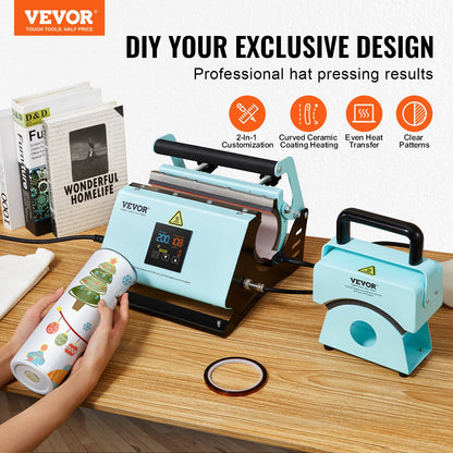 VEVOR 2 in 1 Tumbler and Hat Heat Press Machine, Mini Hat Heat Press for Caps and Hats, Tumbler Heat Press for 11-30oz Sublimation Tumblers and Mugs, Temperature and Time Control, Green - BXSKMJMINIKMSBIPBV1 - view 3