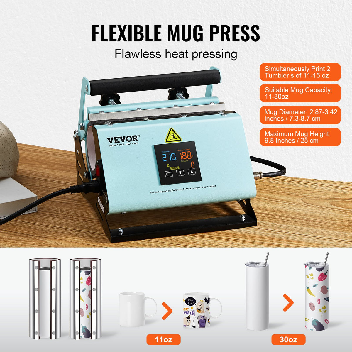 VEVOR 2 in 1 Tumbler and Hat Heat Press Machine, Mini Hat Heat Press for Caps and Hats, Tumbler Heat Press for 11-30oz Sublimation Tumblers and Mugs, Temperature and Time Control, Green - BXSKMJMINIKMSBIPBV1 - view 5