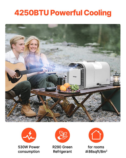 VEVOR Portable Air Conditioner, 4250 BTU 3-Speed Air Conditioning Unit with 24H Timer, Air Portable AC Adjustable from 16-32℃, Compatible with AC/DC, for Outdoor Tent Camping, RVs or Home Use, White - BXSLYKD4000BZZ5B5V1 - view 3