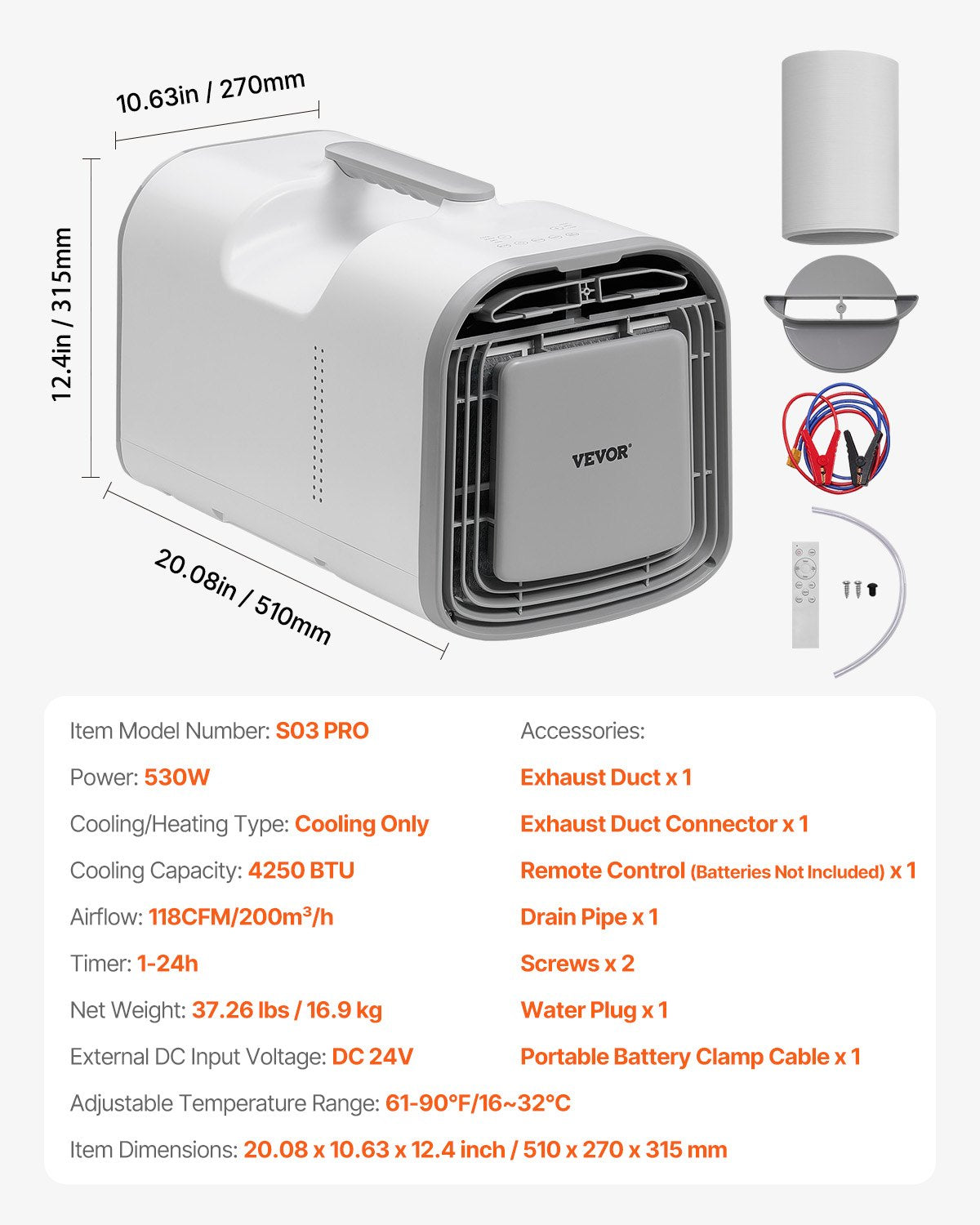 VEVOR Portable Air Conditioner, 4250 BTU 3-Speed Air Conditioning Unit with 24H Timer, Air Portable AC Adjustable from 16-32℃, Compatible with AC/DC, for Outdoor Tent Camping, RVs or Home Use, White - BXSLYKD4000BZZ5B5V1 - view 8