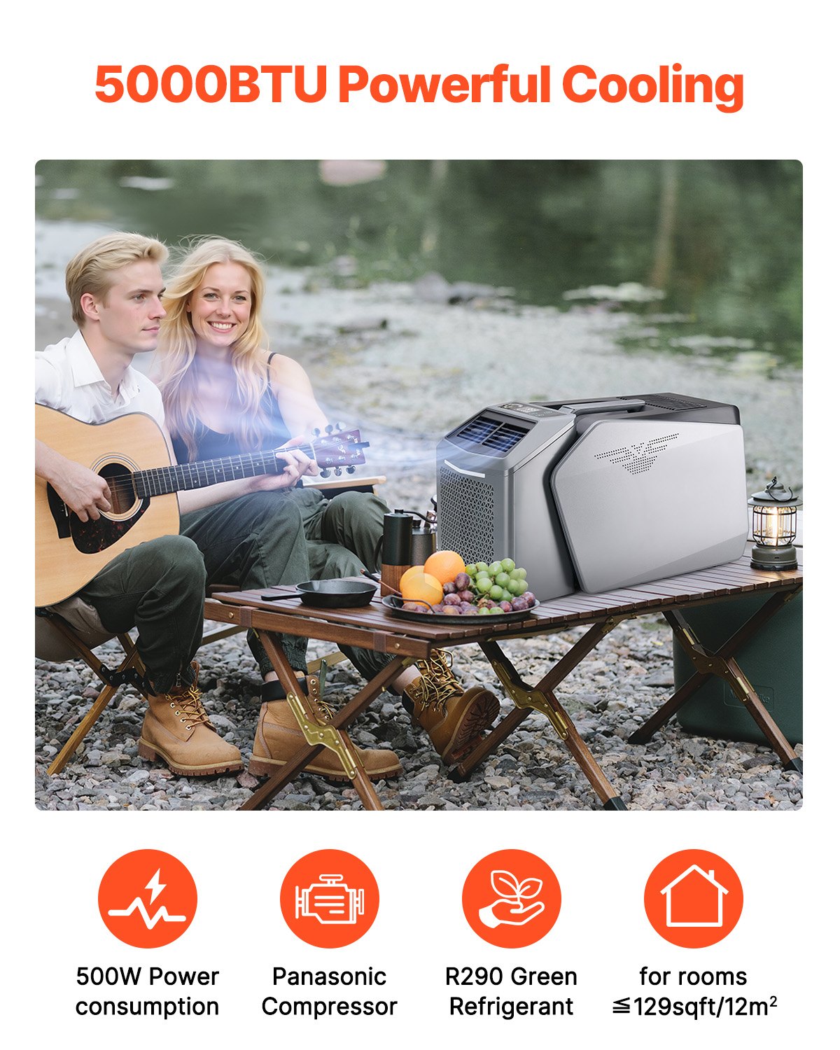 VEVOR Portable Air Conditioner, 5000 BTU 3-Speed Air Conditioning Unit with 24H Timer, Air Portable AC Adjustable from 16-32℃, Compatible with AC/DC for Outdoor Tent Camping, RVs or Home Use, Grey - BXSLYKD6200BZ1KBBV1 - view 3