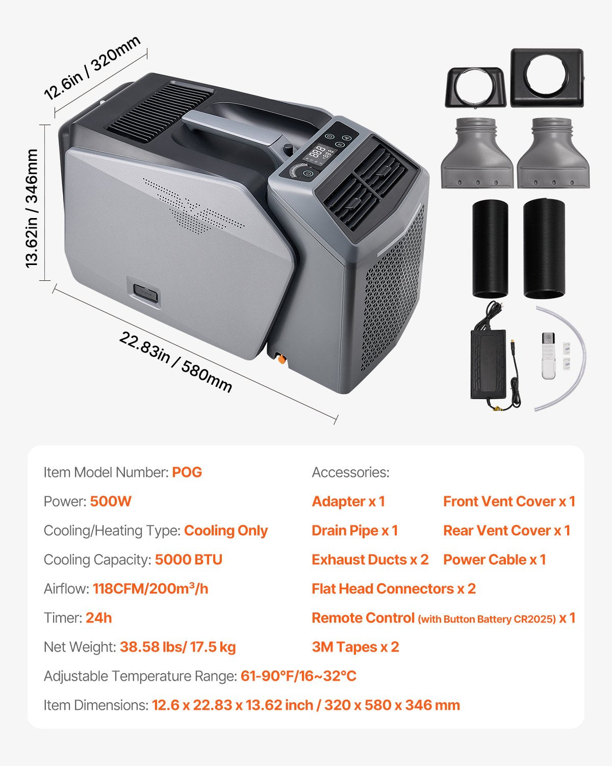 VEVOR Portable Air Conditioner, 5000 BTU 3-Speed Air Conditioning Unit with 24H Timer, Air Portable AC Adjustable from 16-32℃, Compatible with AC/DC for Outdoor Tent Camping, RVs or Home Use, Grey - BXSLYKD6200BZ1KBBV1 - view 8