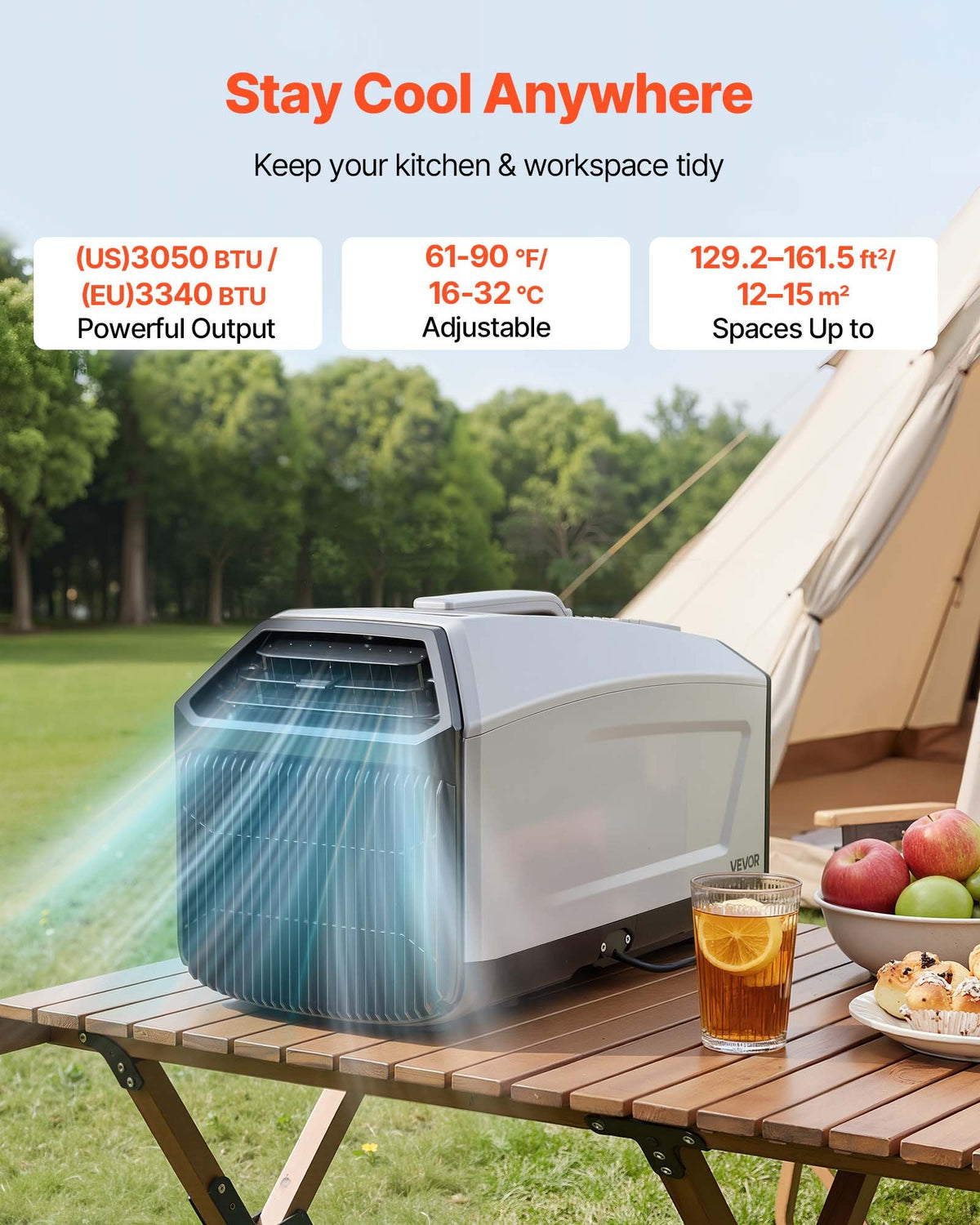 VEVOR Portable Camping Air Conditioner 3050 BTU, Tent AC Unit with Hose, Remote & Touch Control, 61–90°F Adjustable, 150 m³/h High Airflow, Low Noise, Ideal for Tent. RV, Outdoor Cooling, Dark Grey - BXSLYKDDDYBHAW8RS001V1 - view 3