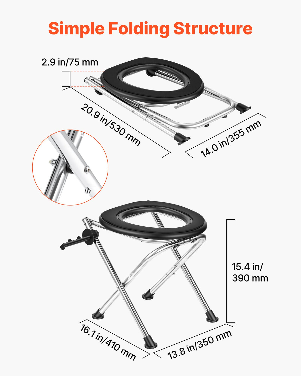 VEVOR Portable Toilet for Camping, 350 lbs Weight Capacity, Stainless Steel Foldable Camp Travel Toilet with Soft Seat for Adults, Suitable for Truckers, RV Travel, Camping, Road Trips, Outdoor Use - BXSMTJYX0000L0JAA001V0 - view 4
