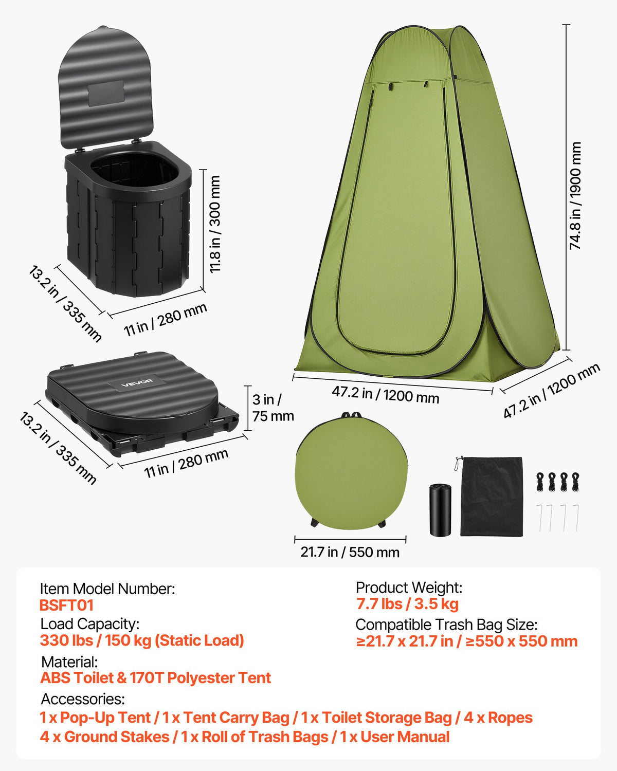 VEVOR Portable Toilet Kit, 330 lbs Load Capacity, Folding Camping Toilet with Pop-Up Privacy Tent, Outdoor Travel Potty for Adults with Carry Bags, Trash Bags, Suitable for RV Travel, Camping, Hiking - BXSMTTJKZDMTKXYCC001V0 - view 4
