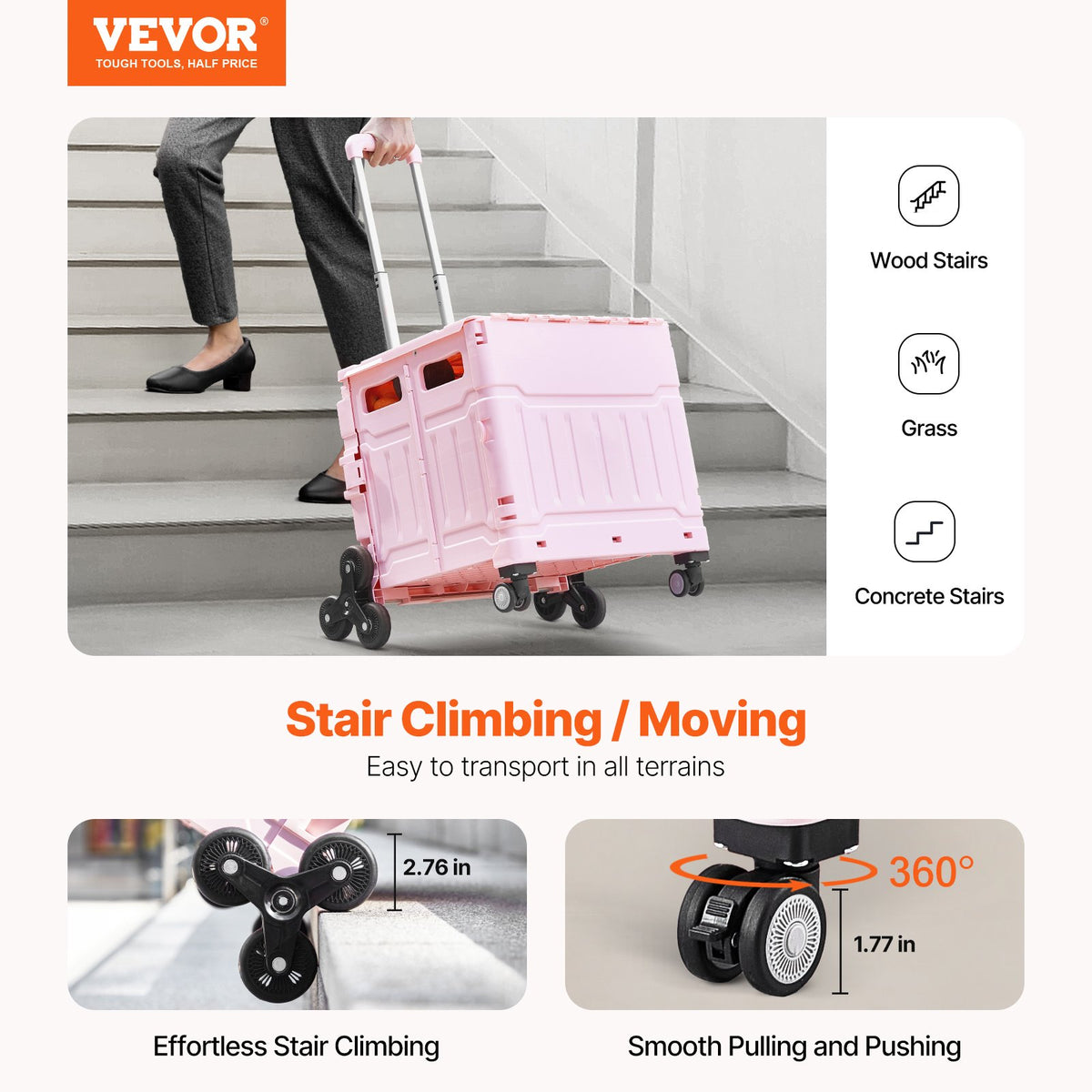 VEVOR Foldable Utility Cart, 65L Collapsible Portable Crate Rolling Cart with Stair Climbing Wheels & 360° Swivel Wheels, Hand Cart with Telescoping Handle for Shopping Office Moving Teacher, Pink - BXSPLCFS176L2ECQCV0 - view 3