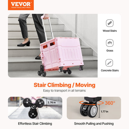 VEVOR Foldable Utility Cart, 65L Collapsible Portable Crate Rolling Cart with Stair Climbing Wheels & 360° Swivel Wheels, Hand Cart with Telescoping Handle for Shopping Office Moving Teacher, Pink - BXSPLCFS176L2ECQCV0 - view 3