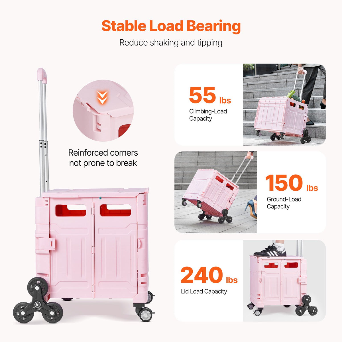 VEVOR Foldable Utility Cart, 65L Collapsible Portable Crate Rolling Cart with Stair Climbing Wheels & 360° Swivel Wheels, Hand Cart with Telescoping Handle for Shopping Office Moving Teacher, Pink - BXSPLCFS176L2ECQCV0 - view 4