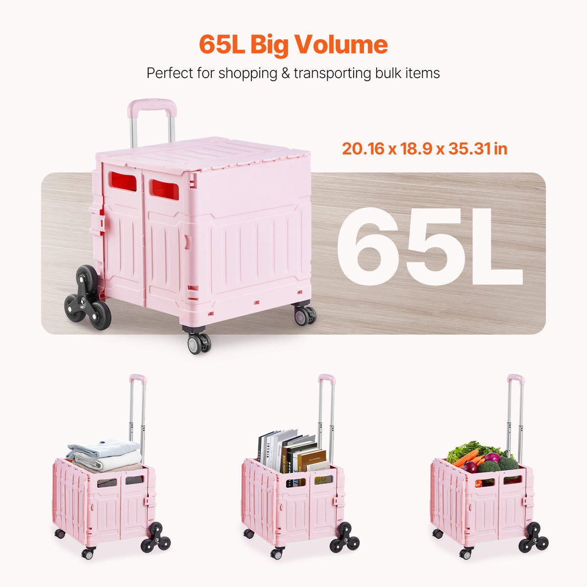 VEVOR Foldable Utility Cart, 65L Collapsible Portable Crate Rolling Cart with Stair Climbing Wheels & 360° Swivel Wheels, Hand Cart with Telescoping Handle for Shopping Office Moving Teacher, Pink - BXSPLCFS176L2ECQCV0 - view 5