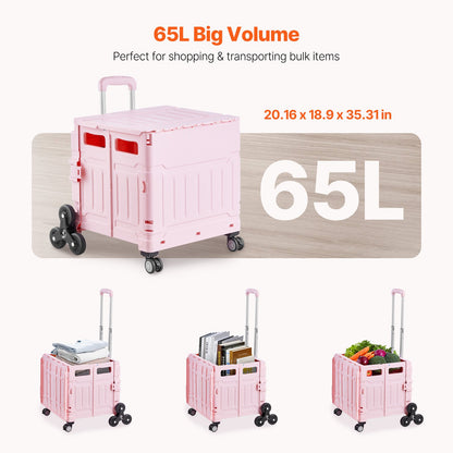 VEVOR Foldable Utility Cart, 65L Collapsible Portable Crate Rolling Cart with Stair Climbing Wheels & 360° Swivel Wheels, Hand Cart with Telescoping Handle for Shopping Office Moving Teacher, Pink - BXSPLCFS176L2ECQCV0 - view 5