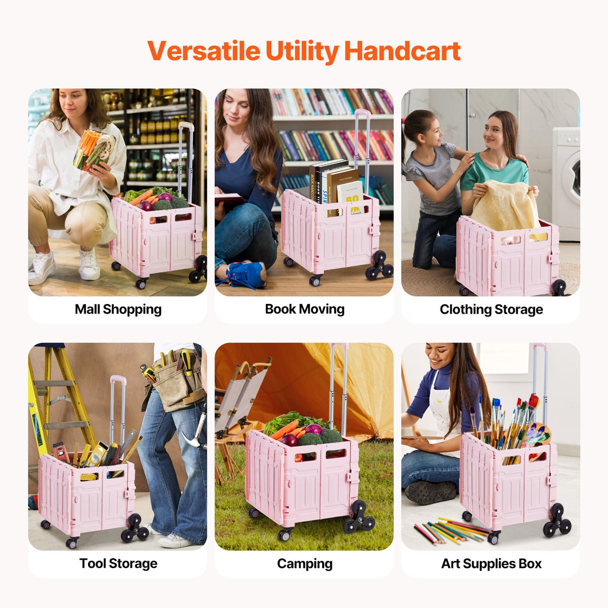 VEVOR Foldable Utility Cart, 65L Collapsible Portable Crate Rolling Cart with Stair Climbing Wheels & 360° Swivel Wheels, Hand Cart with Telescoping Handle for Shopping Office Moving Teacher, Pink - BXSPLCFS176L2ECQCV0 - view 6