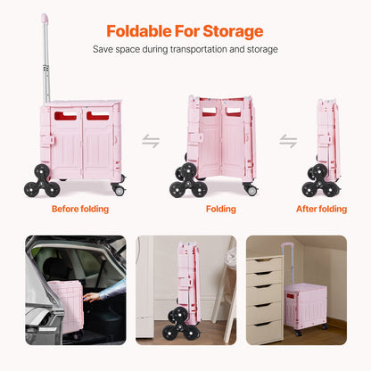 VEVOR Foldable Utility Cart, 65L Collapsible Portable Crate Rolling Cart with Stair Climbing Wheels & 360° Swivel Wheels, Hand Cart with Telescoping Handle for Shopping Office Moving Teacher, Pink - BXSPLCFS176L2ECQCV0 - view 7