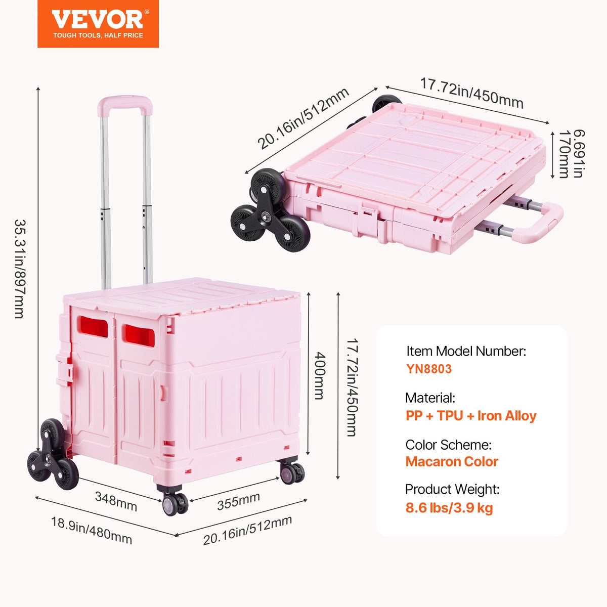 VEVOR Foldable Utility Cart, 65L Collapsible Portable Crate Rolling Cart with Stair Climbing Wheels & 360° Swivel Wheels, Hand Cart with Telescoping Handle for Shopping Office Moving Teacher, Pink - BXSPLCFS176L2ECQCV0 - view 8