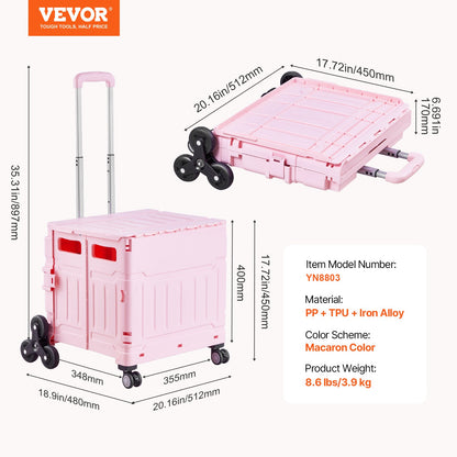 VEVOR Foldable Utility Cart, 65L Collapsible Portable Crate Rolling Cart with Stair Climbing Wheels & 360° Swivel Wheels, Hand Cart with Telescoping Handle for Shopping Office Moving Teacher, Pink - BXSPLCFS176L2ECQCV0 - view 8