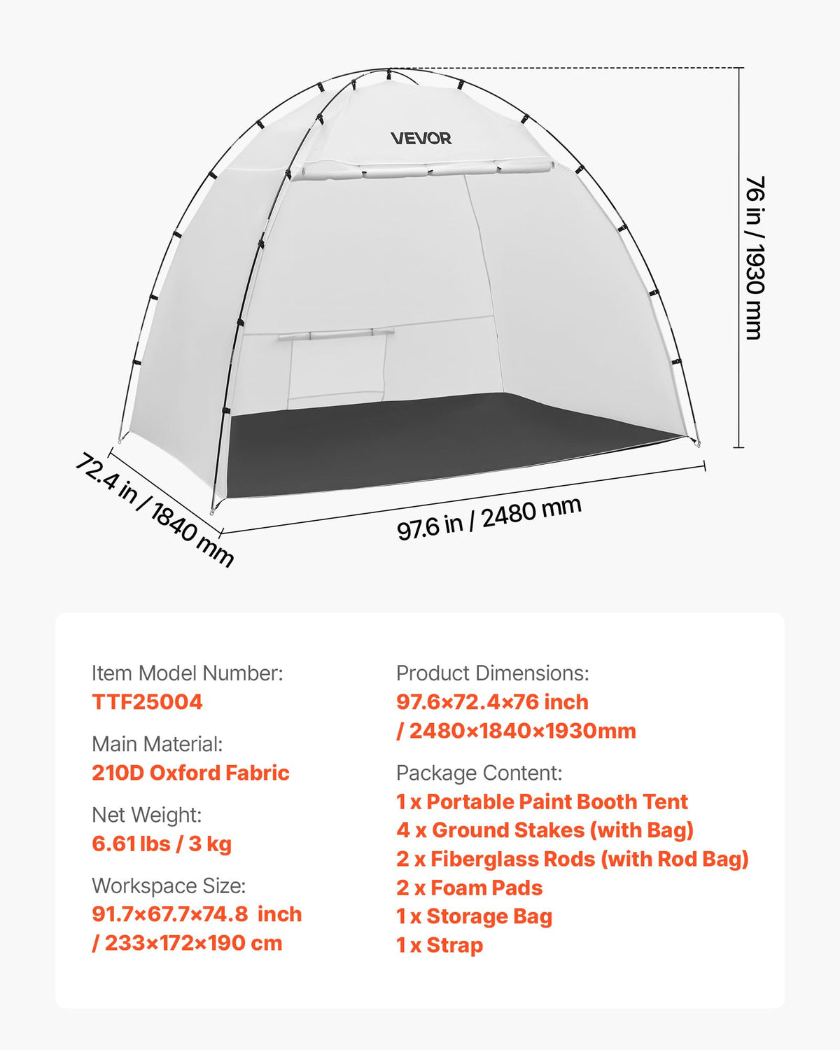 VEVOR Portable Paint Booth Tent, 91.7 x 67.7 x 74.8 inch Painting Tent Station, Spray Shelter with Built-in Floor & Mesh Screen, Large Space, Oxford Spray Painting Tents for Cupboard, Chairs, Tables - BXSPQZPBSZCG0MDW9001V0 - view 8