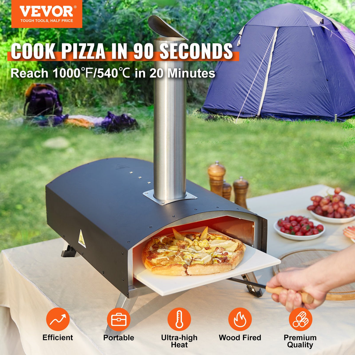 VEVOR Outdoor Oven 12-inch Pellet and Charcoal Fired Maker, Portable Outside Stainless Steel Grill with Pizza Stone, Waterproof Cover, Shovel, Wood Burner for Backyard Camping, - BXSPSLYCKLHSBC8PEV0 - view 2
