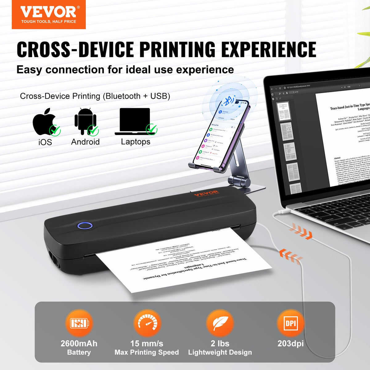 VEVOR Portable Printer - 2600mAh Battery, 203 DPI, Bluetooth Inkless Mobile Printer for A4, A5 & 8.5" x 11" Thermal Paper, Compatible with iOS, Android & Laptop, Ideal for Travel, Office & Home Use - BXSRMDYJ203DTT5FQV9 - view 3