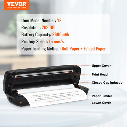 VEVOR Portable Printer - 2600mAh Battery, 203 DPI, Bluetooth Inkless Mobile Printer for A4, A5 & 8.5" x 11" Thermal Paper, Compatible with iOS, Android & Laptop, Ideal for Travel, Office & Home Use - BXSRMDYJ203DTT5FQV9 - view 8