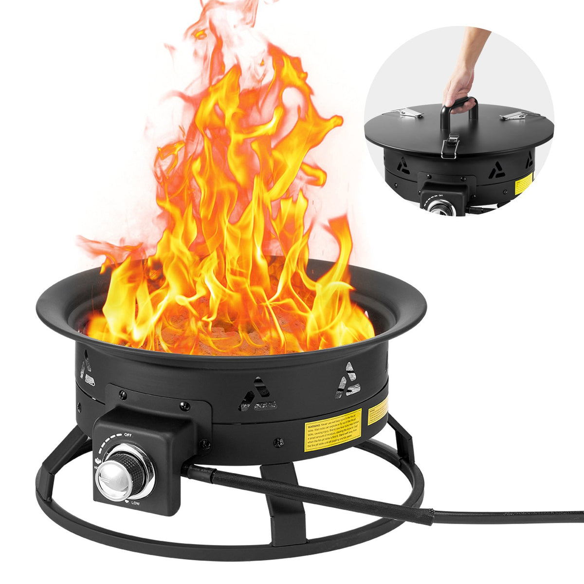 VEVOR Propane Fire Pit, 19-Inch Diameter Outdoor Portable Gas Fire Pit with Cover & Lava Rocks, Adjustable Flame Height Camping Firepit for Heating, Lighting, Gathering, 58,000 BTU, Black - BXSRQHK19YCBA36R1V0 - view 1