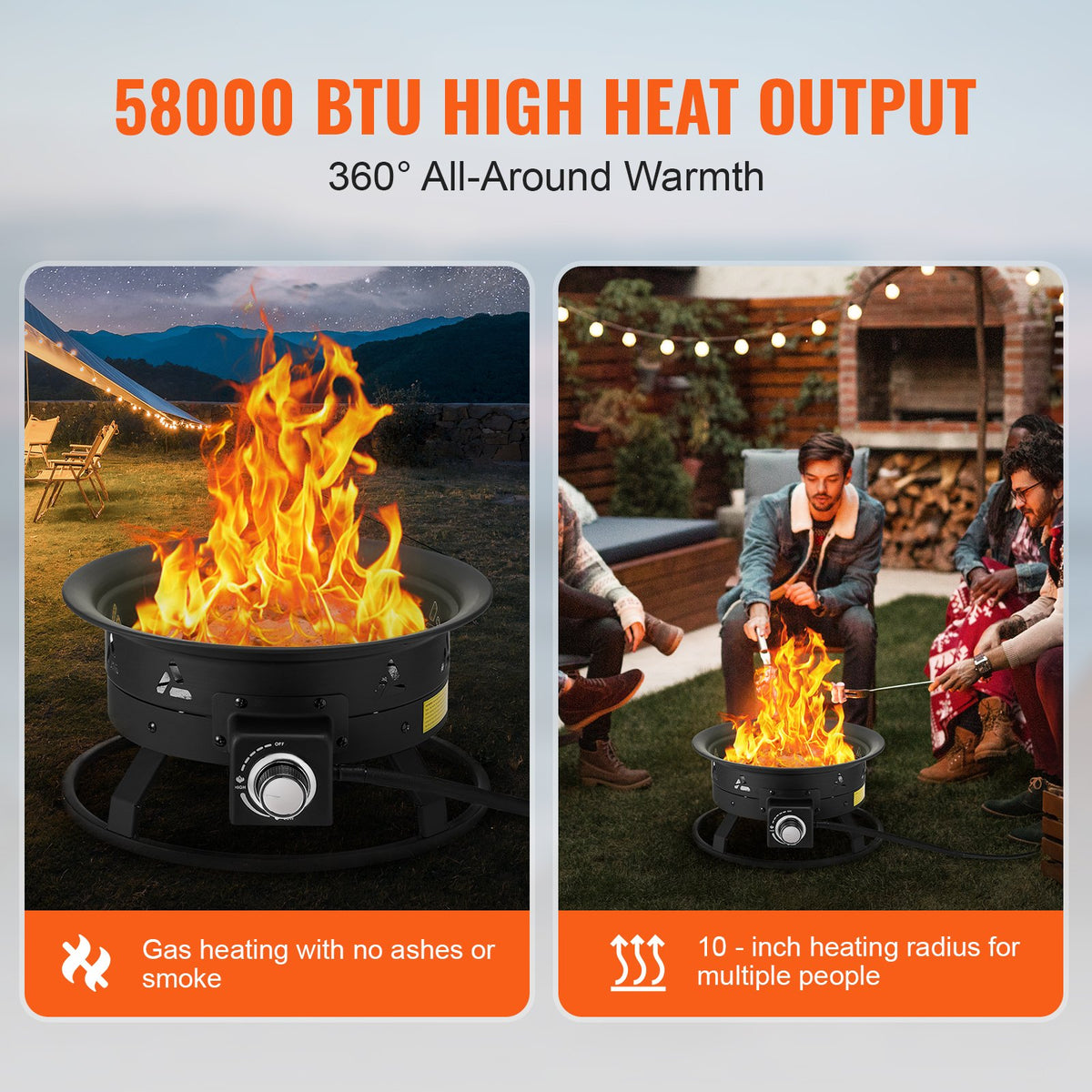VEVOR Propane Fire Pit, 19-Inch Diameter Outdoor Portable Gas Fire Pit with Cover & Lava Rocks, Adjustable Flame Height Camping Firepit for Heating, Lighting, Gathering, 58,000 BTU, Black - BXSRQHK19YCBA36R1V0 - view 3