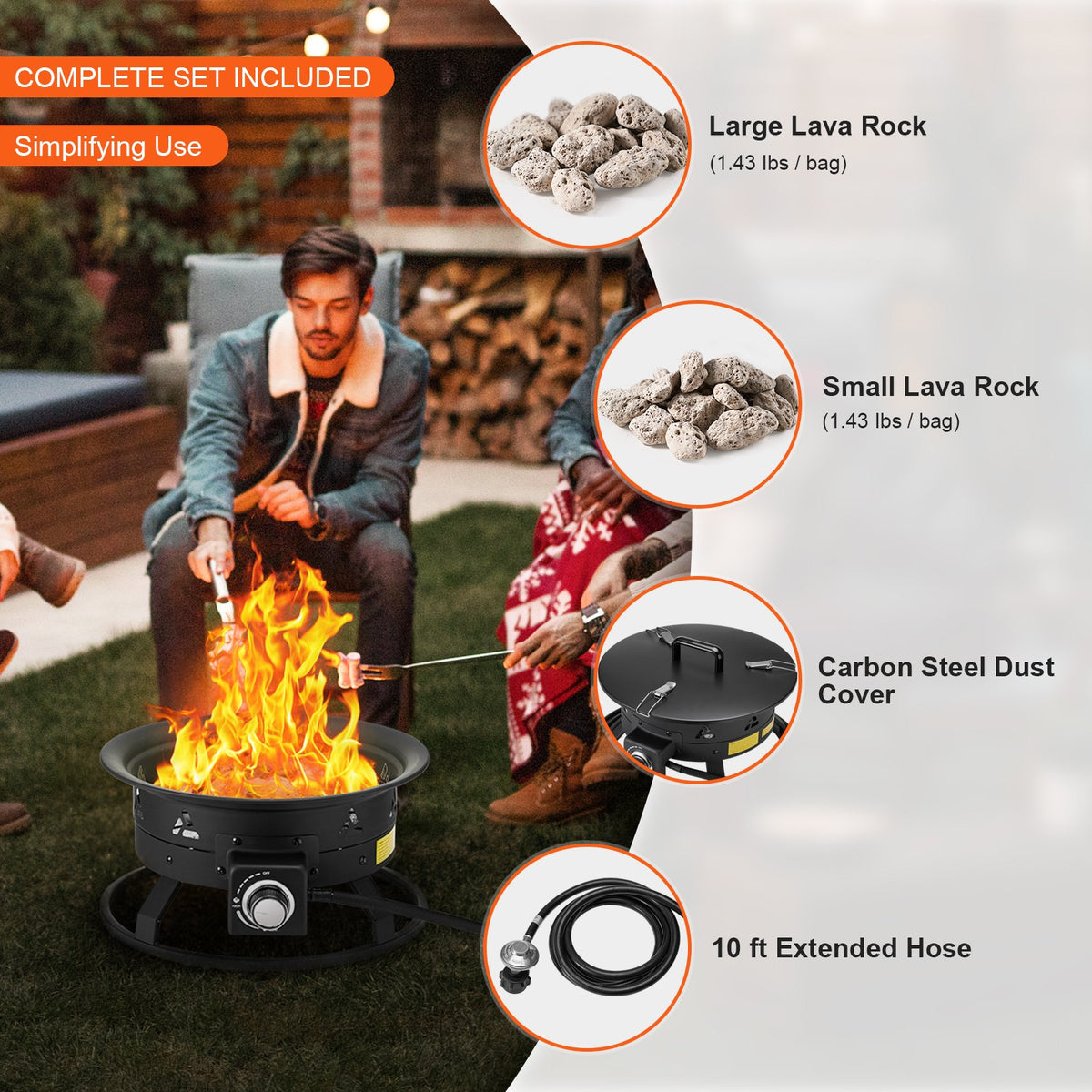 VEVOR Propane Fire Pit, 19-Inch Diameter Outdoor Portable Gas Fire Pit with Cover & Lava Rocks, Adjustable Flame Height Camping Firepit for Heating, Lighting, Gathering, 58,000 BTU, Black - BXSRQHK19YCBA36R1V0 - view 7