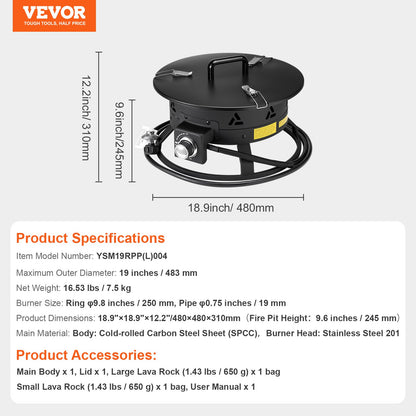 VEVOR Propane Fire Pit, 19-Inch Diameter Outdoor Portable Gas Fire Pit with Cover & Lava Rocks, Adjustable Flame Height Camping Firepit for Heating, Lighting, Gathering, 58,000 BTU, Black - BXSRQHK19YCBA36R1V0 - view 8