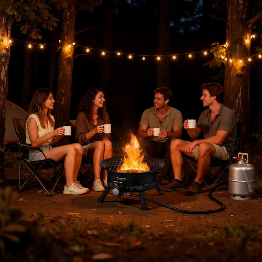 VEVOR Propane Fire Pit 19-Inch, 53,000 BTU Portable Gas Fire Pit, with Grill Grate & Lava Rocks, Adjustable Flame, Folding Legs,Smokeless Outdoor Firebowl for Camping, Patio, Backyard, Deck, RV, Black - BXSRQHK19YCTGMBBO001V9 - view 1