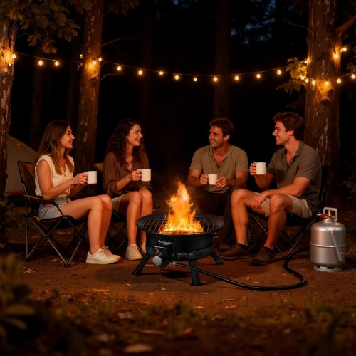 VEVOR Propane Fire Pit 19-Inch, 53,000 BTU Portable Gas Fire Pit, with Grill Grate & Lava Rocks, Adjustable Flame, Folding Legs,Smokeless Outdoor Firebowl for Camping, Patio, Backyard, Deck, RV, Black - BXSRQHK19YCTGMBBO001V9 - view 2