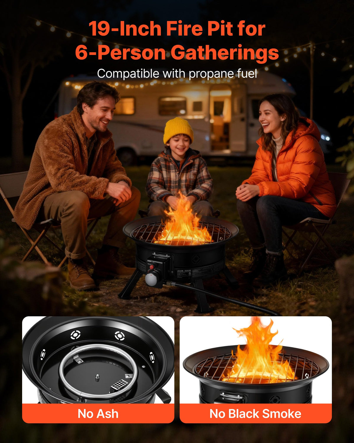VEVOR Propane Fire Pit 19-Inch, 53,000 BTU Portable Gas Fire Pit, with Grill Grate & Lava Rocks, Adjustable Flame, Folding Legs,Smokeless Outdoor Firebowl for Camping, Patio, Backyard, Deck, RV, Black - BXSRQHK19YCTGMBBO001V9 - view 3