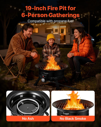 VEVOR Propane Fire Pit 19-Inch, 53,000 BTU Portable Gas Fire Pit, with Grill Grate & Lava Rocks, Adjustable Flame, Folding Legs,Smokeless Outdoor Firebowl for Camping, Patio, Backyard, Deck, RV, Black - BXSRQHK19YCTGMBBO001V9 - view 3