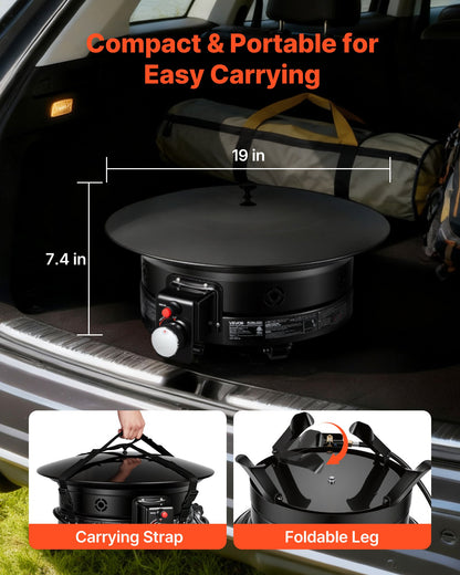 VEVOR Propane Fire Pit 19-Inch, 53,000 BTU Portable Gas Fire Pit, with Grill Grate & Lava Rocks, Adjustable Flame, Folding Legs,Smokeless Outdoor Firebowl for Camping, Patio, Backyard, Deck, RV, Black - BXSRQHK19YCTGMBBO001V9 - view 4