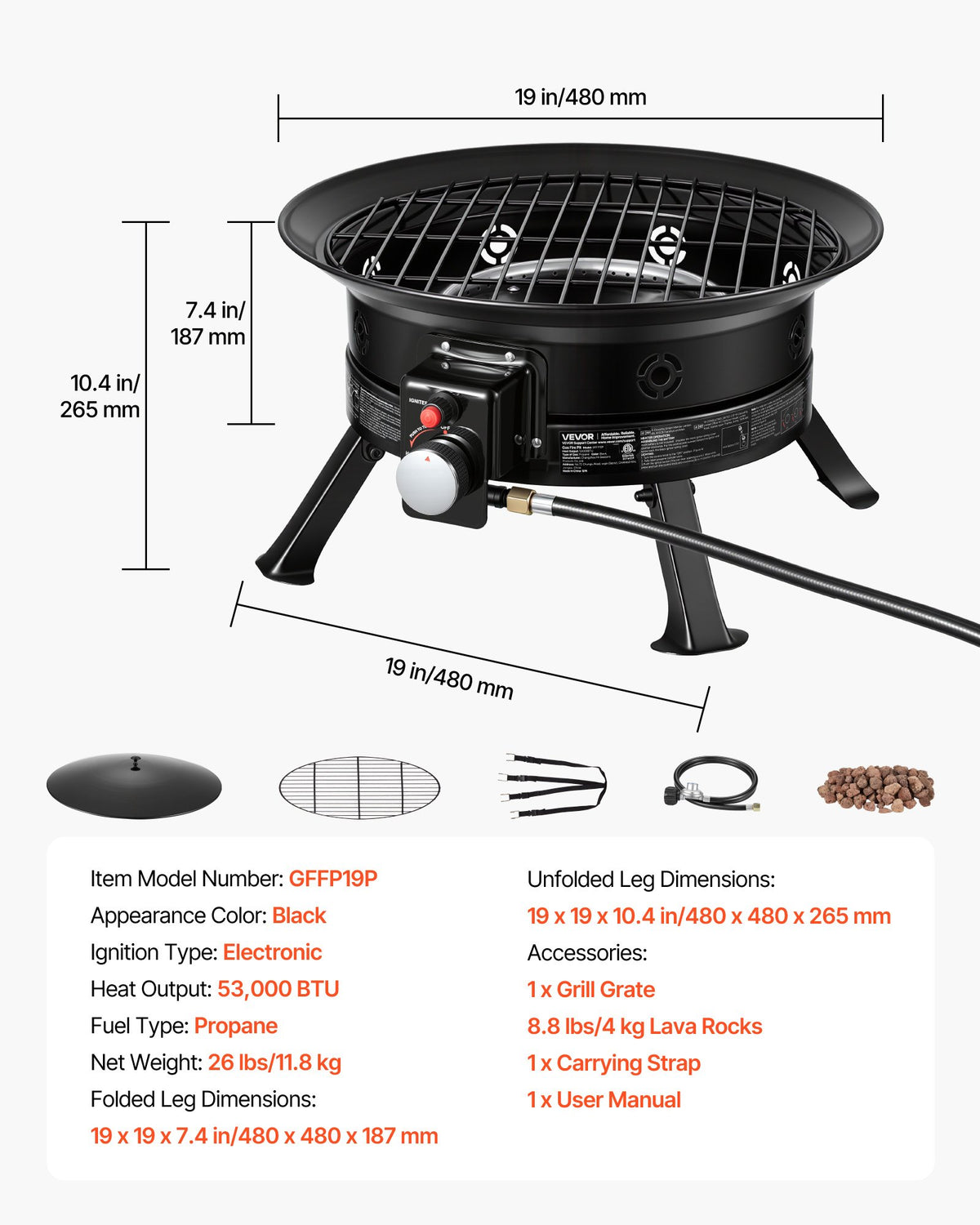 VEVOR Propane Fire Pit 19-Inch, 53,000 BTU Portable Gas Fire Pit, with Grill Grate & Lava Rocks, Adjustable Flame, Folding Legs,Smokeless Outdoor Firebowl for Camping, Patio, Backyard, Deck, RV, Black - BXSRQHK19YCTGMBBO001V9 - view 8