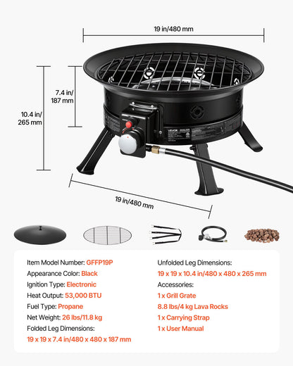 VEVOR Propane Fire Pit 19-Inch, 53,000 BTU Portable Gas Fire Pit, with Grill Grate & Lava Rocks, Adjustable Flame, Folding Legs,Smokeless Outdoor Firebowl for Camping, Patio, Backyard, Deck, RV, Black - BXSRQHK19YCTGMBBO001V9 - view 8