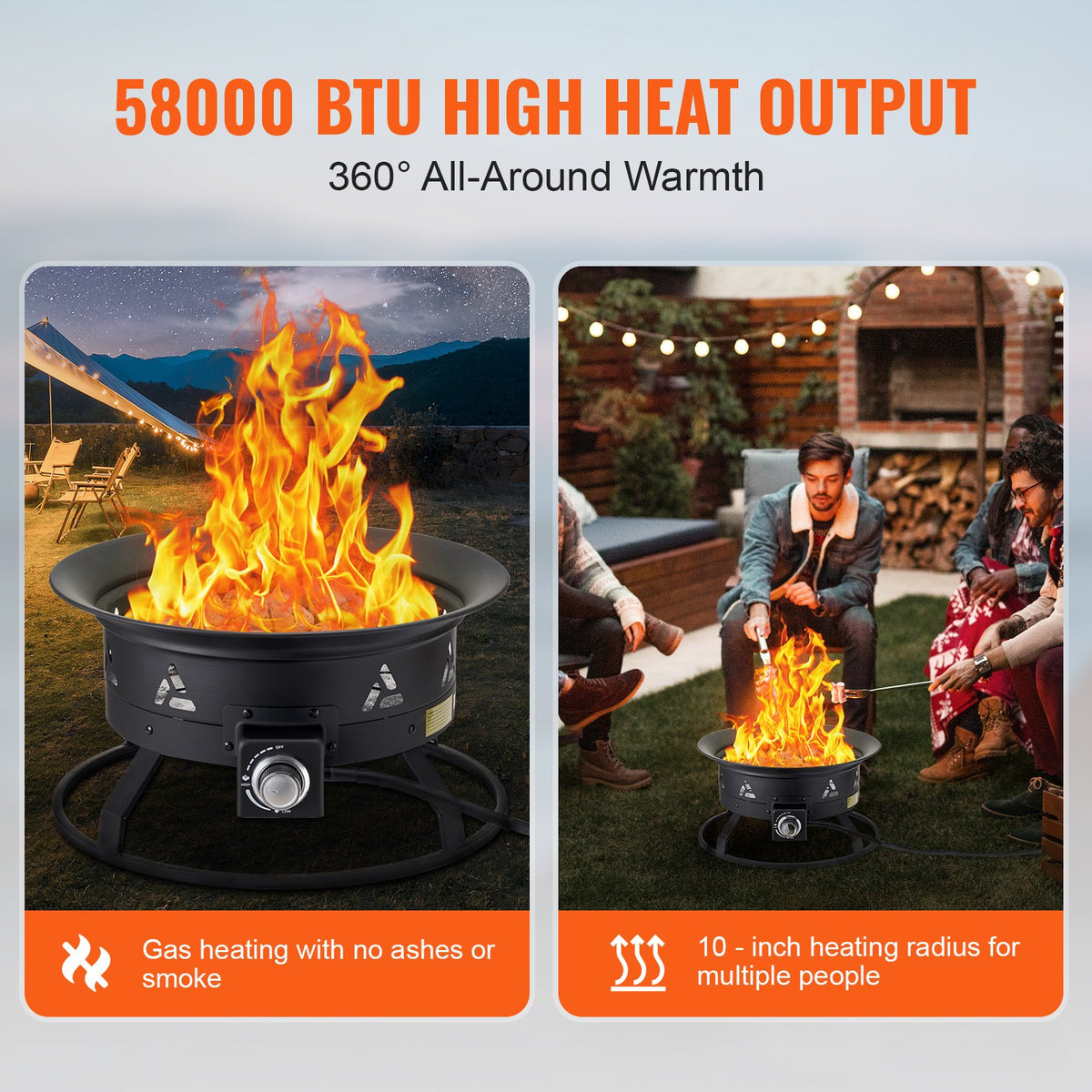 VEVOR Propane Fire Pit, 24-Inch Diameter Outdoor Portable Gas Fire Pit with Cover & Lava Rocks, Adjustable Flame Height Camping Firepit for Heating, Lighting, Gathering, 58,000 BTU, Black - BXSRQHK24YCBL1S54V0 - view 3