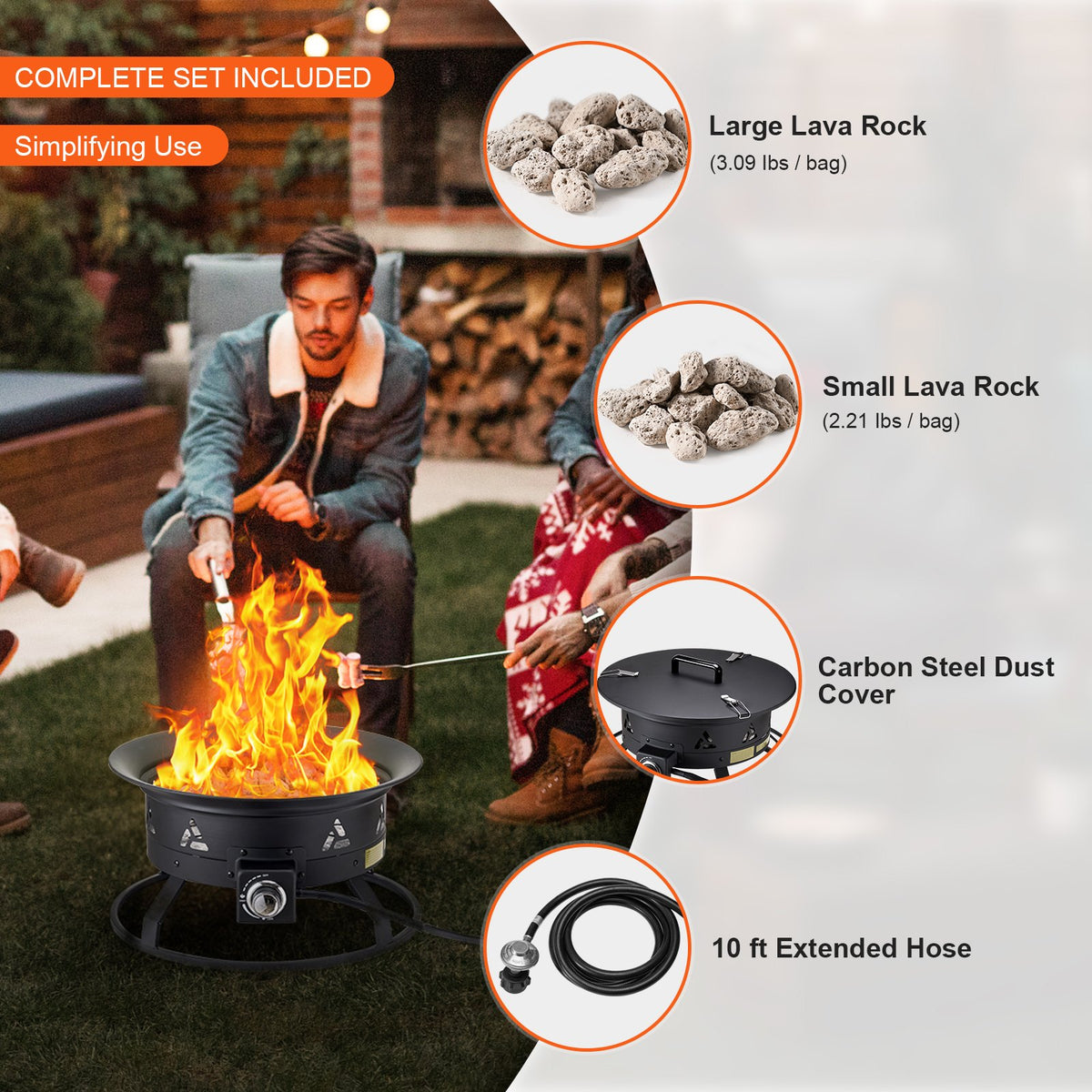 VEVOR Propane Fire Pit, 24-Inch Diameter Outdoor Portable Gas Fire Pit with Cover & Lava Rocks, Adjustable Flame Height Camping Firepit for Heating, Lighting, Gathering, 58,000 BTU, Black - BXSRQHK24YCBL1S54V0 - view 7