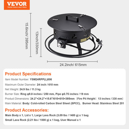 VEVOR Propane Fire Pit, 24-Inch Diameter Outdoor Portable Gas Fire Pit with Cover & Lava Rocks, Adjustable Flame Height Camping Firepit for Heating, Lighting, Gathering, 58,000 BTU, Black - BXSRQHK24YCBL1S54V0 - view 8