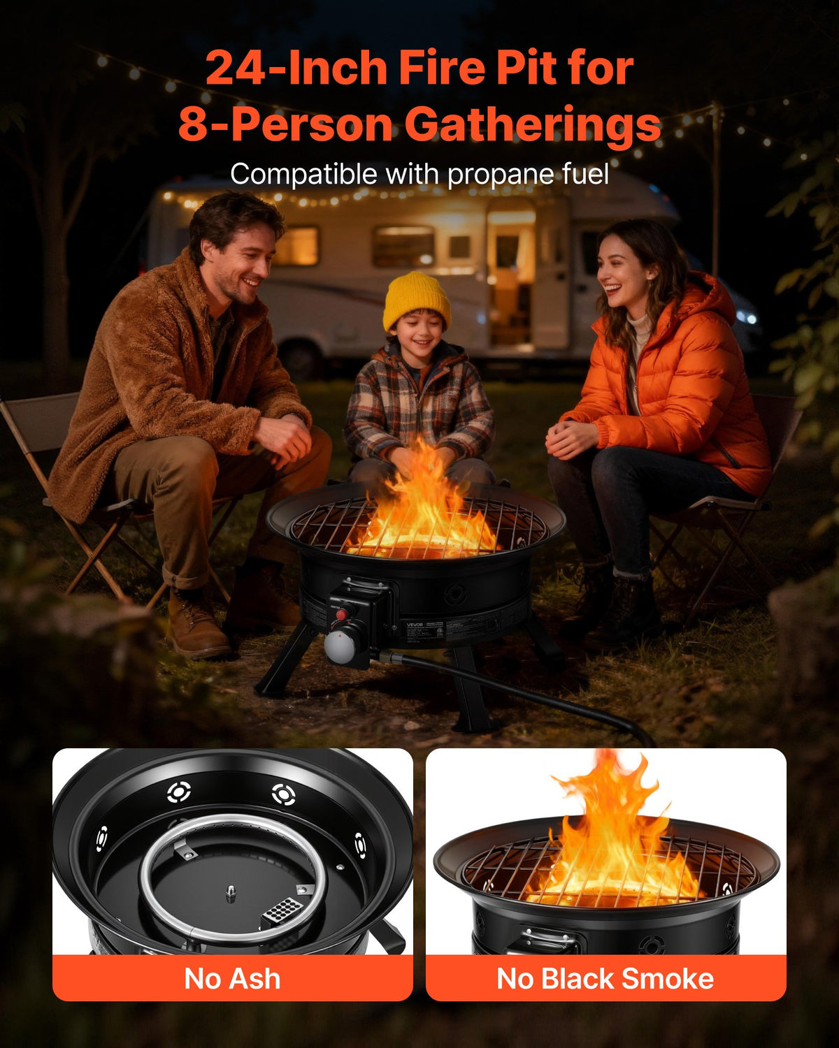 VEVOR Propane Fire Pit 24-Inch, 53,000 BTU Portable Gas Fire Pit, with Grill Grate & Lava Rocks, Adjustable Flame, Folding Legs,Smokeless Outdoor Firebowl for Camping, Patio, Backyard, Deck, RV, Black - BXSRQHK24YCTC2SMF001V9 - view 3