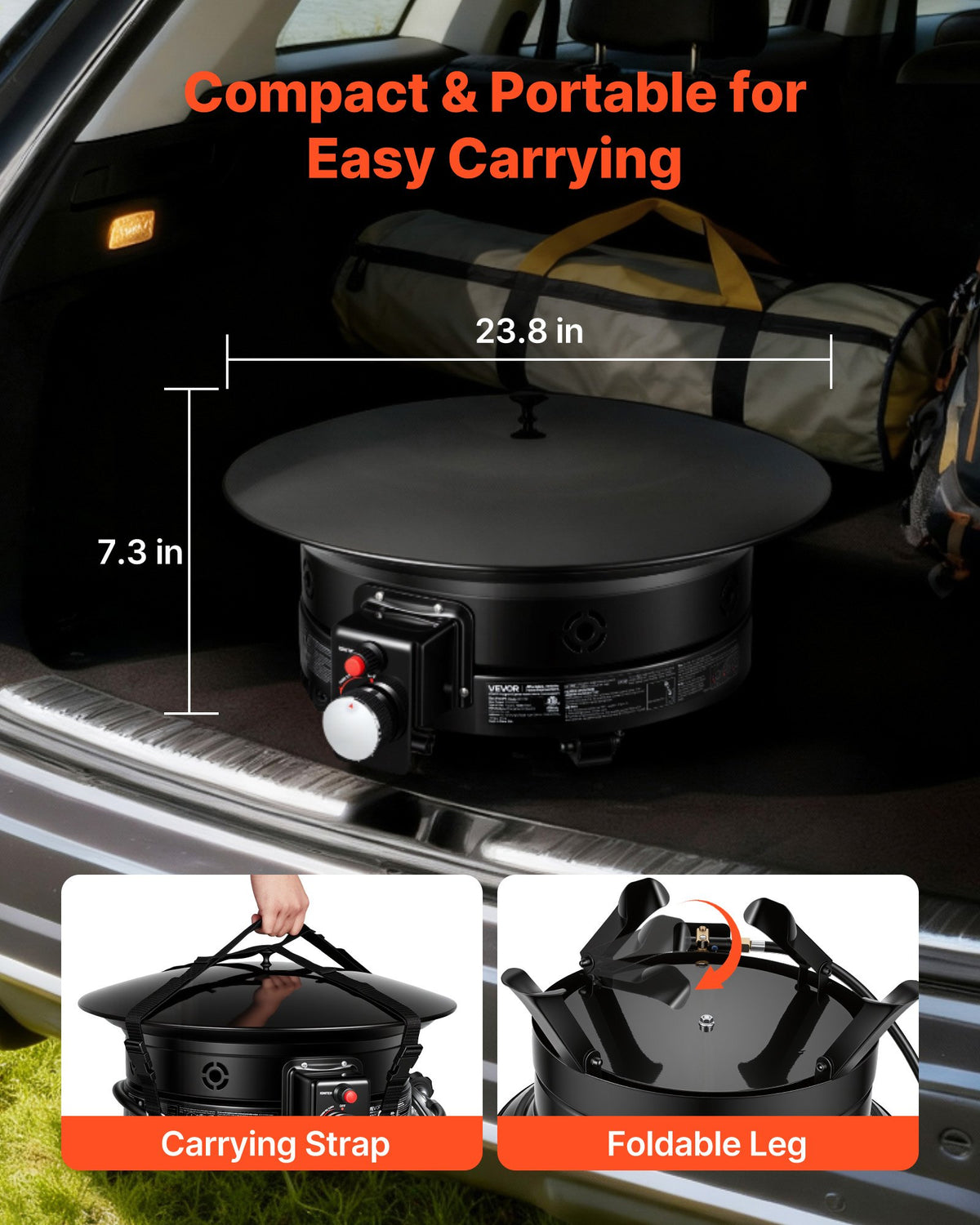 VEVOR Propane Fire Pit 24-Inch, 53,000 BTU Portable Gas Fire Pit, with Grill Grate & Lava Rocks, Adjustable Flame, Folding Legs,Smokeless Outdoor Firebowl for Camping, Patio, Backyard, Deck, RV, Black - BXSRQHK24YCTC2SMF001V9 - view 4