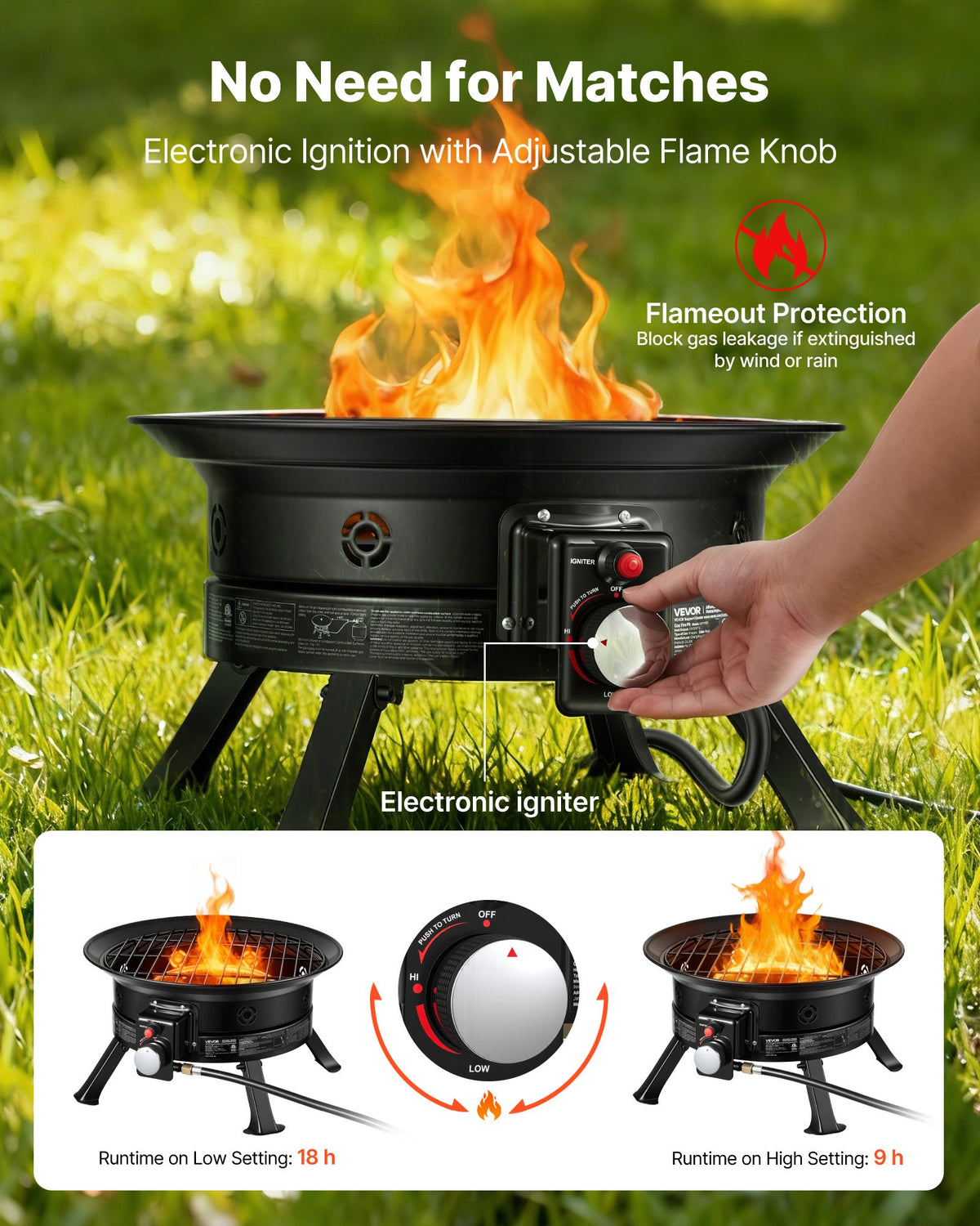 VEVOR Propane Fire Pit 24-Inch, 53,000 BTU Portable Gas Fire Pit, with Grill Grate & Lava Rocks, Adjustable Flame, Folding Legs,Smokeless Outdoor Firebowl for Camping, Patio, Backyard, Deck, RV, Black - BXSRQHK24YCTC2SMF001V9 - view 6