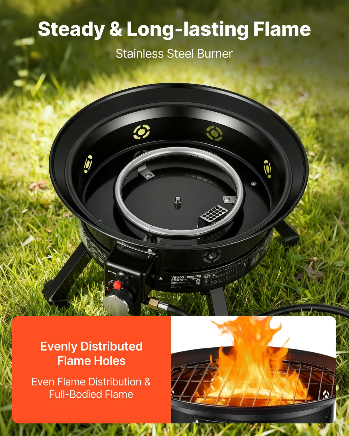 VEVOR Propane Fire Pit 24-Inch, 53,000 BTU Portable Gas Fire Pit, with Grill Grate & Lava Rocks, Adjustable Flame, Folding Legs,Smokeless Outdoor Firebowl for Camping, Patio, Backyard, Deck, RV, Black - BXSRQHK24YCTC2SMF001V9 - view 7