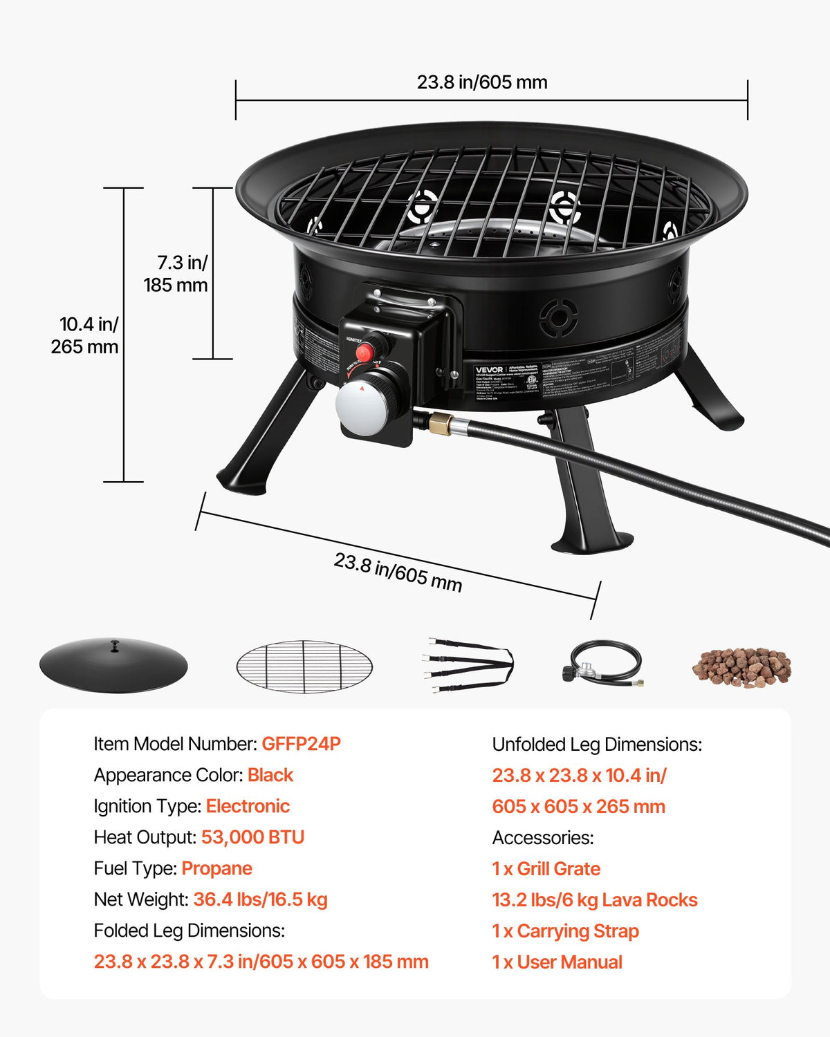 VEVOR Propane Fire Pit 24-Inch, 53,000 BTU Portable Gas Fire Pit, with Grill Grate & Lava Rocks, Adjustable Flame, Folding Legs,Smokeless Outdoor Firebowl for Camping, Patio, Backyard, Deck, RV, Black - BXSRQHK24YCTC2SMF001V9 - view 8