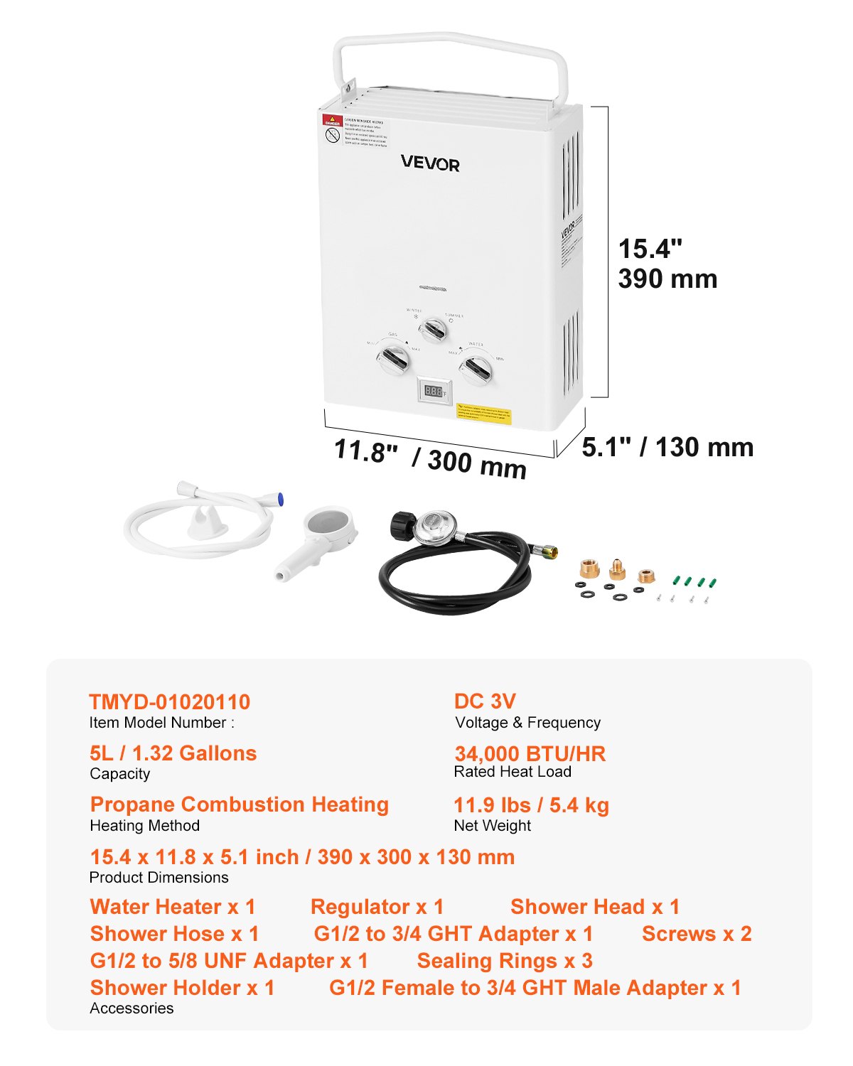 VEVOR Portable Propane Water Heater, 5L Tankless Outdoor Water Heater, 34000 BTU 1.32 GPM Instant Hot Water, with Accessory Set + Regulator for RV Camping Trips Cabins Barns - BXSRQRSQMB5LELEGXV9 - view 8