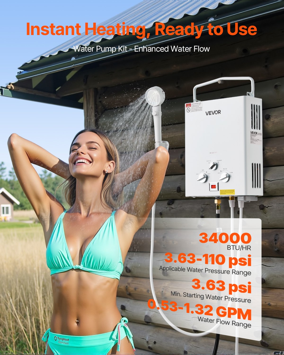 VEVOR Portable Propane Water Heater, 5L Tankless Outdoor Water Heater, 34000 BTU 1.32 GPM Instant Hot Water, with Accessory Set + Regulator +Water Pump for RV Camping Trips Cabins Barns - BXSRQRSQMB5LTDTZAV9 - view 3