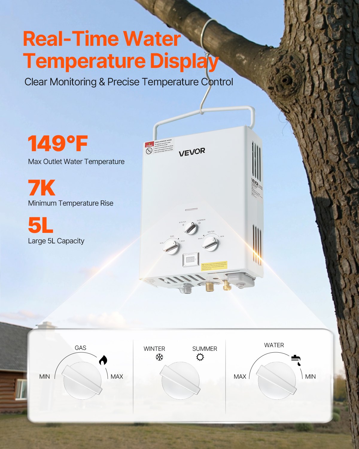VEVOR Portable Propane Water Heater, 5L Tankless Outdoor Water Heater, 34000 BTU 1.32 GPM Instant Hot Water, with Accessory Set + Regulator +Water Pump for RV Camping Trips Cabins Barns - BXSRQRSQMB5LTDTZAV9 - view 4