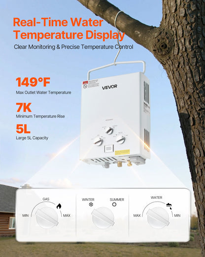 VEVOR Portable Propane Water Heater, 5L Tankless Outdoor Water Heater, 34000 BTU 1.32 GPM Instant Hot Water, with Accessory Set + Regulator +Water Pump for RV Camping Trips Cabins Barns - BXSRQRSQMB5LTDTZAV9 - view 4