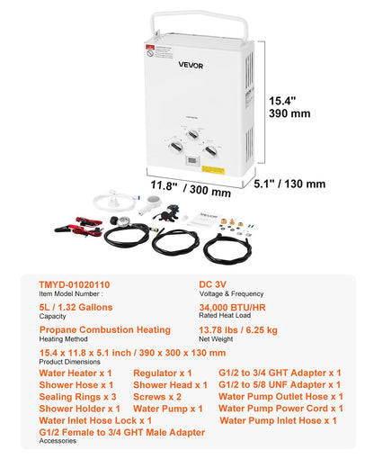VEVOR Portable Propane Water Heater, 5L Tankless Outdoor Water Heater, 34000 BTU 1.32 GPM Instant Hot Water, with Accessory Set + Regulator +Water Pump for RV Camping Trips Cabins Barns - BXSRQRSQMB5LTDTZAV9 - view 8