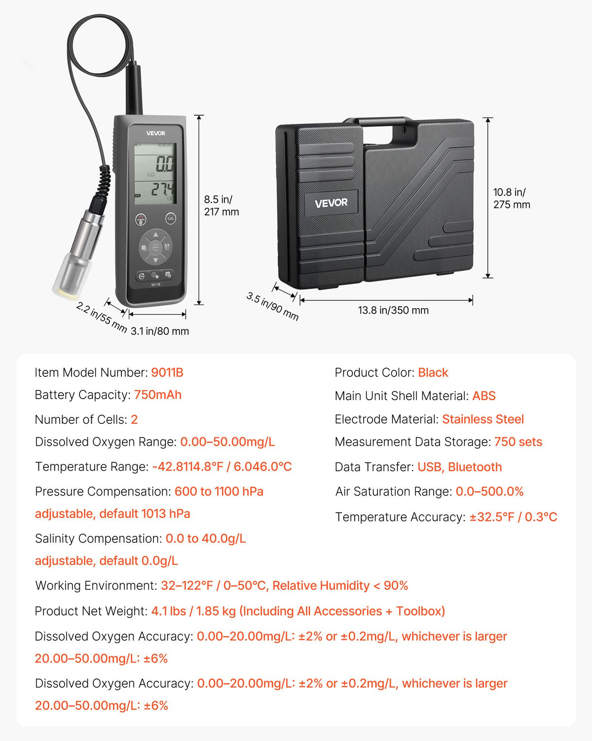 VEVOR Dissolved Oxygen Meter, 0.0-50.0 mg/L Measurement Range, Portable Dissolved Oxygen Tester Kit with 13.1 ft Electrode Cable, Bluetooth/USB Data Transfer, 750 Data Sets Storage, DO Meter for Ponds - BXSRYJBXS005SOMVE001V9 - view 8